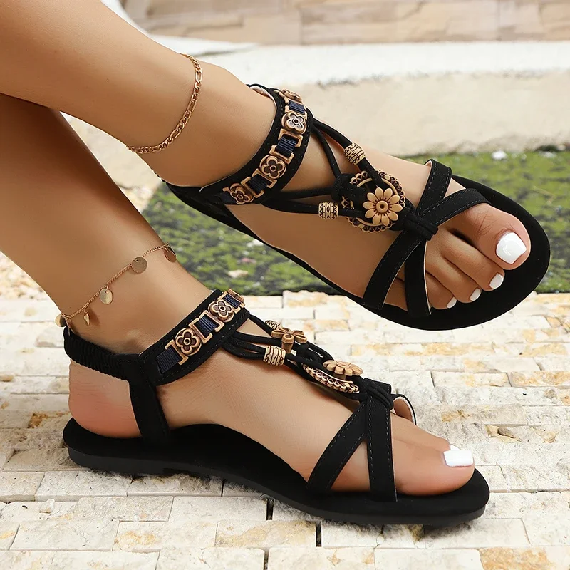 Bohemian Style Women's Flat Sandals Summer Comfortable Non Slip Beach Shoes Woman Vintage Beaded Flower Decor Gladiator Sandals image 2