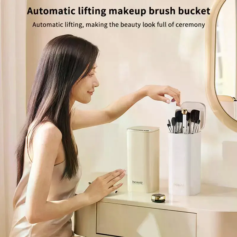 Automatic Lifting Makeup Brush Holder Dustproof Cosmetic Storage Box Desktop Eyeliner Eyebrow Pencil Lipstick Organizer Vanity