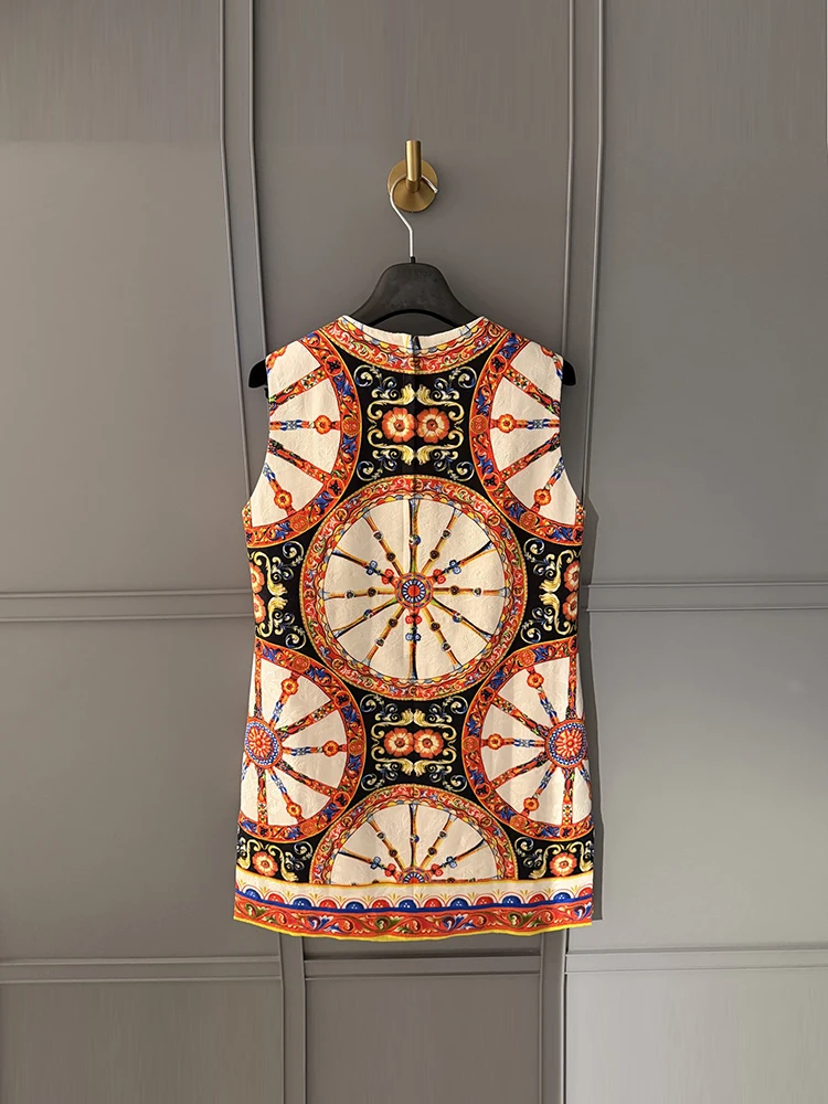 Spring Summer Fashion Geometric Pattern Printing Cotton Long Style Tops Women's O-Neck Sleeveless Loose Vintage Casual Top