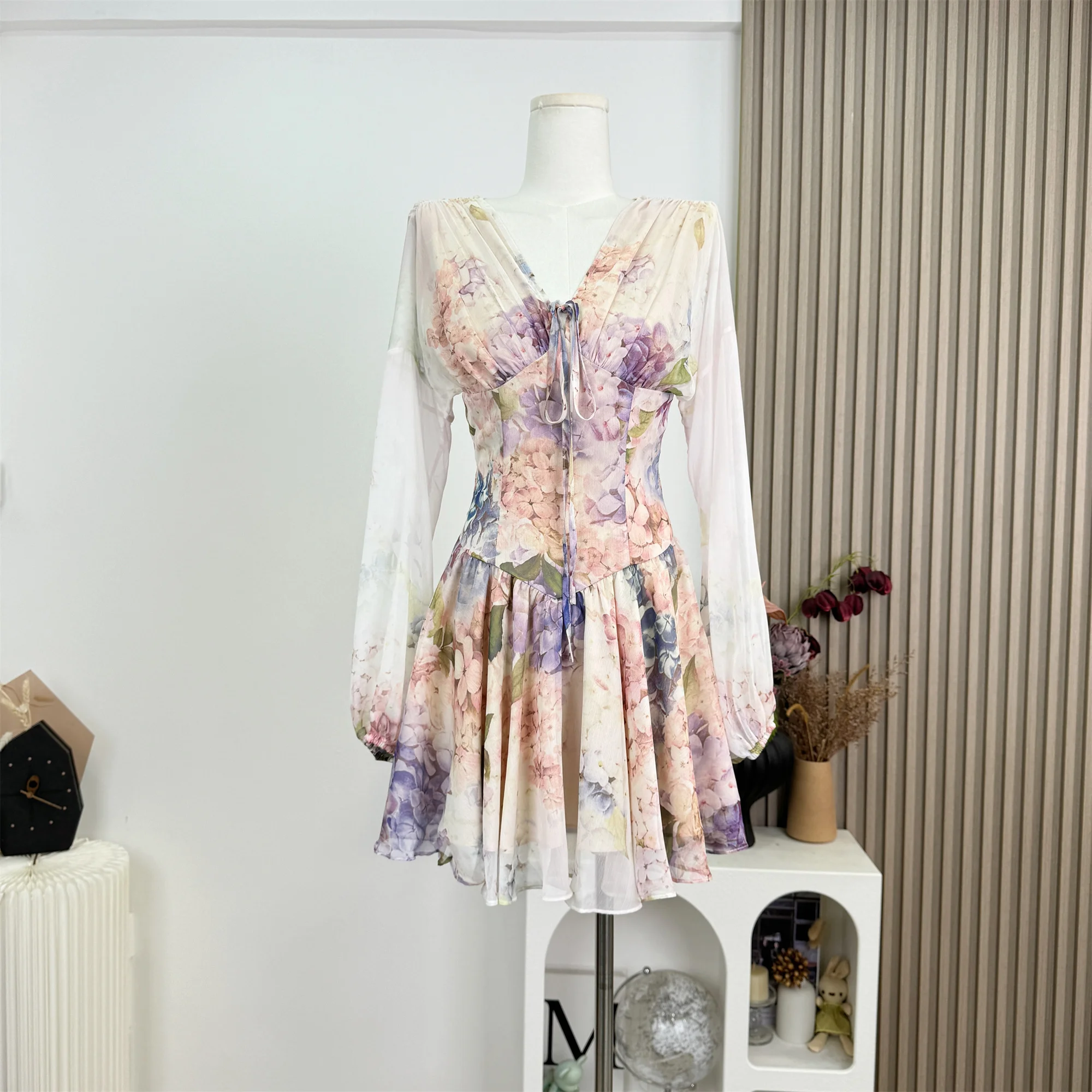 

Summer Women Mini Puff Sleeve Dress Party Evening A-line French Vintage Frocks V-neck One-Piece Gyaru Coquette Old Money New