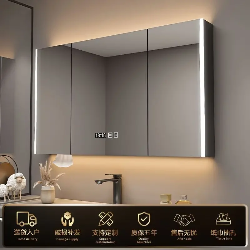 Solid Wood Bathroom Smart Mirror Cabinet Separately Wall-mounted Bathroom Mirror with Lamp Defogging Integrated with Storage
