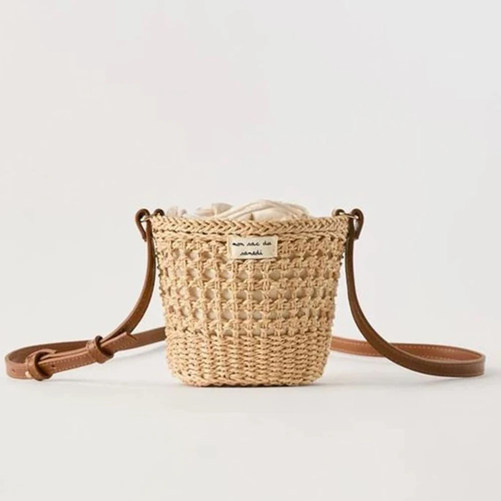 

Богемная тканая соломенная сумка, летние мини-сумки-ведра для женщин, сумка через плечо, полые вязаные пляжные сумки, милые дорожные кошельки