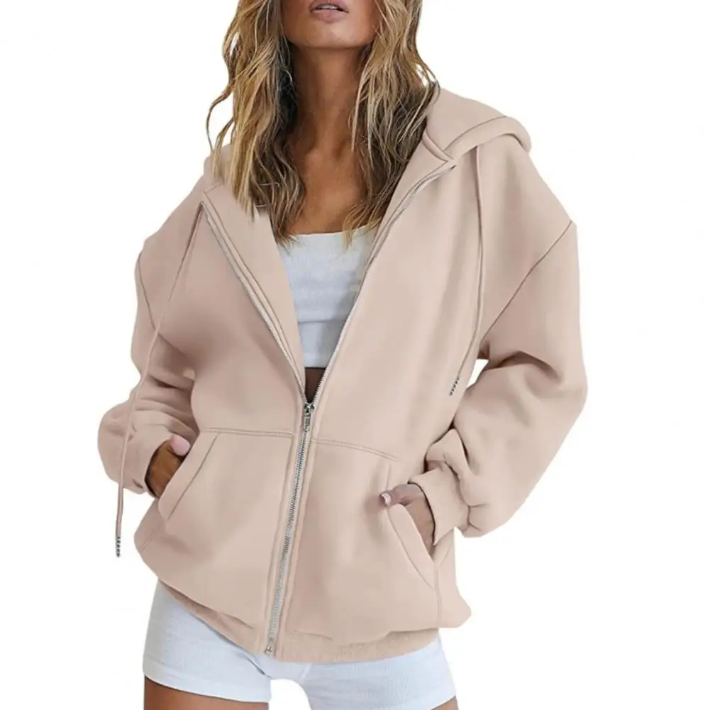 Trendy Women Autumn Coat Solid Color Warm Sweatshirt Pure Color Women Hoodie Coat