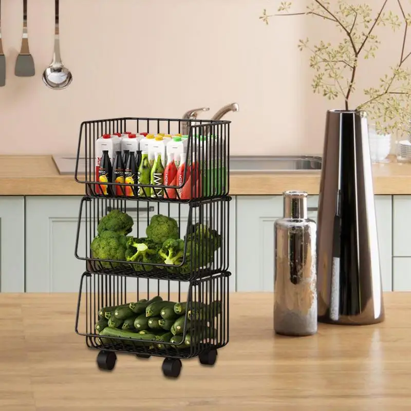 Kitchen Movable Cart Storage Shelf Stackable Rolling Fruit Vegetable Metal Wire Basket Household Trolley Snack Storage Rack