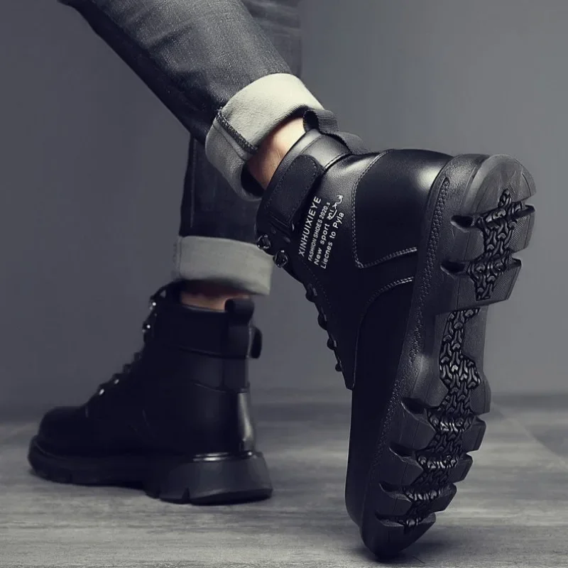 Novo em botas de neve para homens preto alta superior sapatos de inverno homem pele anti deslizamento velo trabalho sapato algodão calçados de luxo marcas qualidade