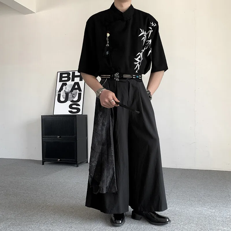 2025 Men Black Wide Leg Pants Men Chinese Style Streetwear Punk Gothic Harem Pants Male Kimono Skirt Pants Male Hanfu Trousers