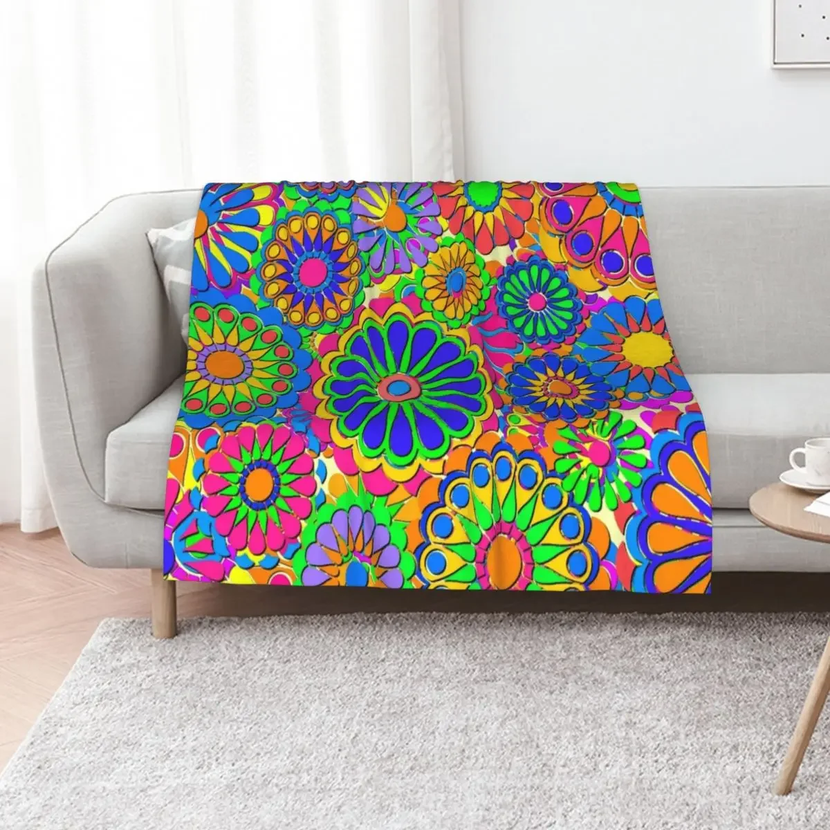 

Bright Colorful Flower Power Hippy Retro Style Throw Blanket warm for winter Shaggy sofa bed christmas gifts Blankets