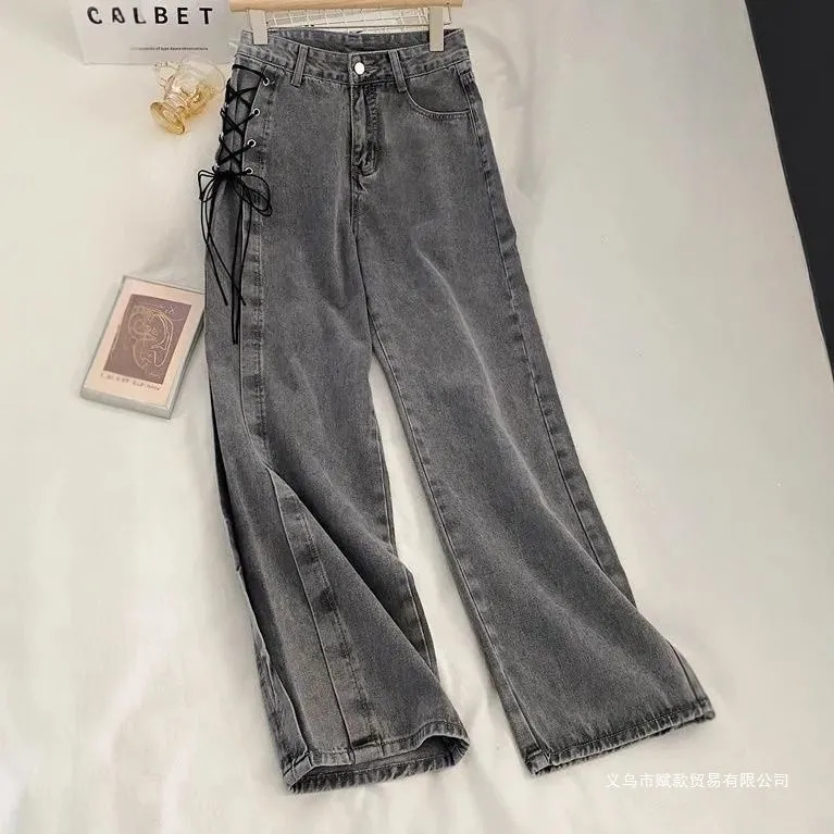 

Spring Autumn Women's Clothing High Waist Slimming Tie Up Wide Leg Jeans For Woman Denim Cotton Thickened Straight Cut Fit
