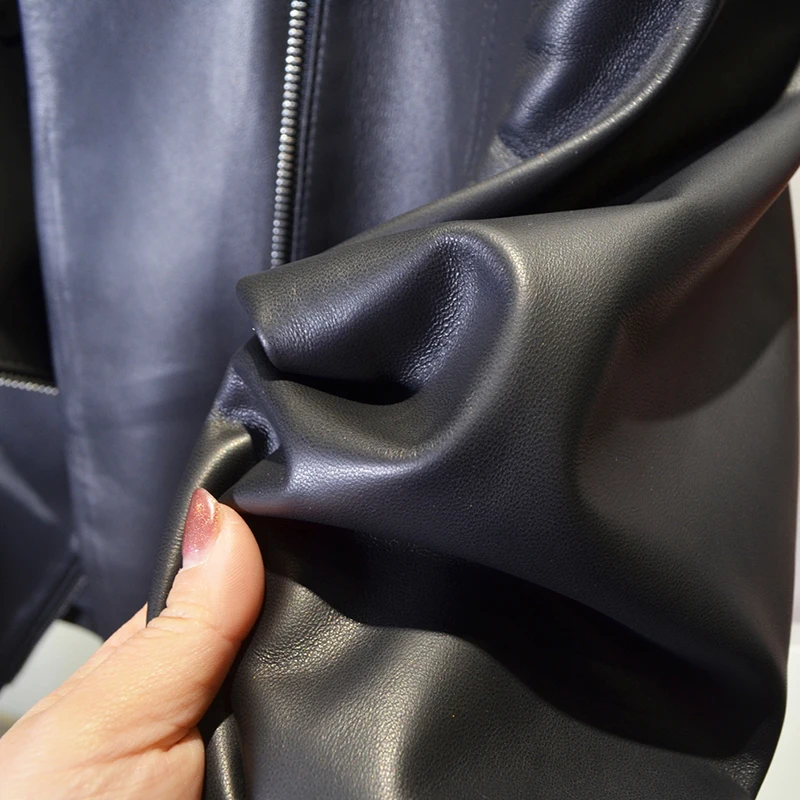 سترة قصيرة من الجلد الطبيعي للخريف والشتاء للنساء من جلد الغنم نمط جديد على الموضة الأوروبية معاطف جلدية لسائقي الدراجات النارية بسحاب أسود #5