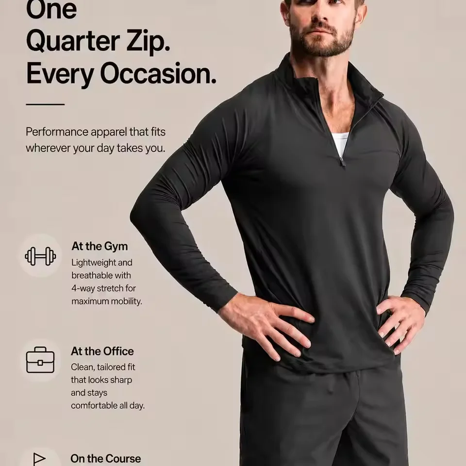 Camiseta de manga larga con cremallera en la parte delantera para hombre, de secado rápido, ideal para deportes, actividades físicas y entrenamiento muscular.