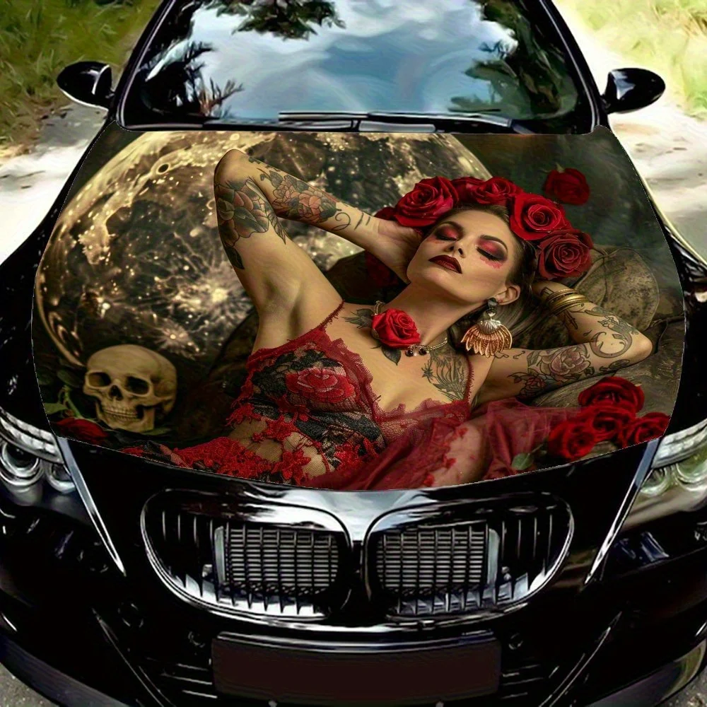 

Girl With Skeleton Car Hood Wrap Color Vinyl Sticker Truck Graphic Bonnet Auto Accessories Decor Decal Waterproof And Scratch Re