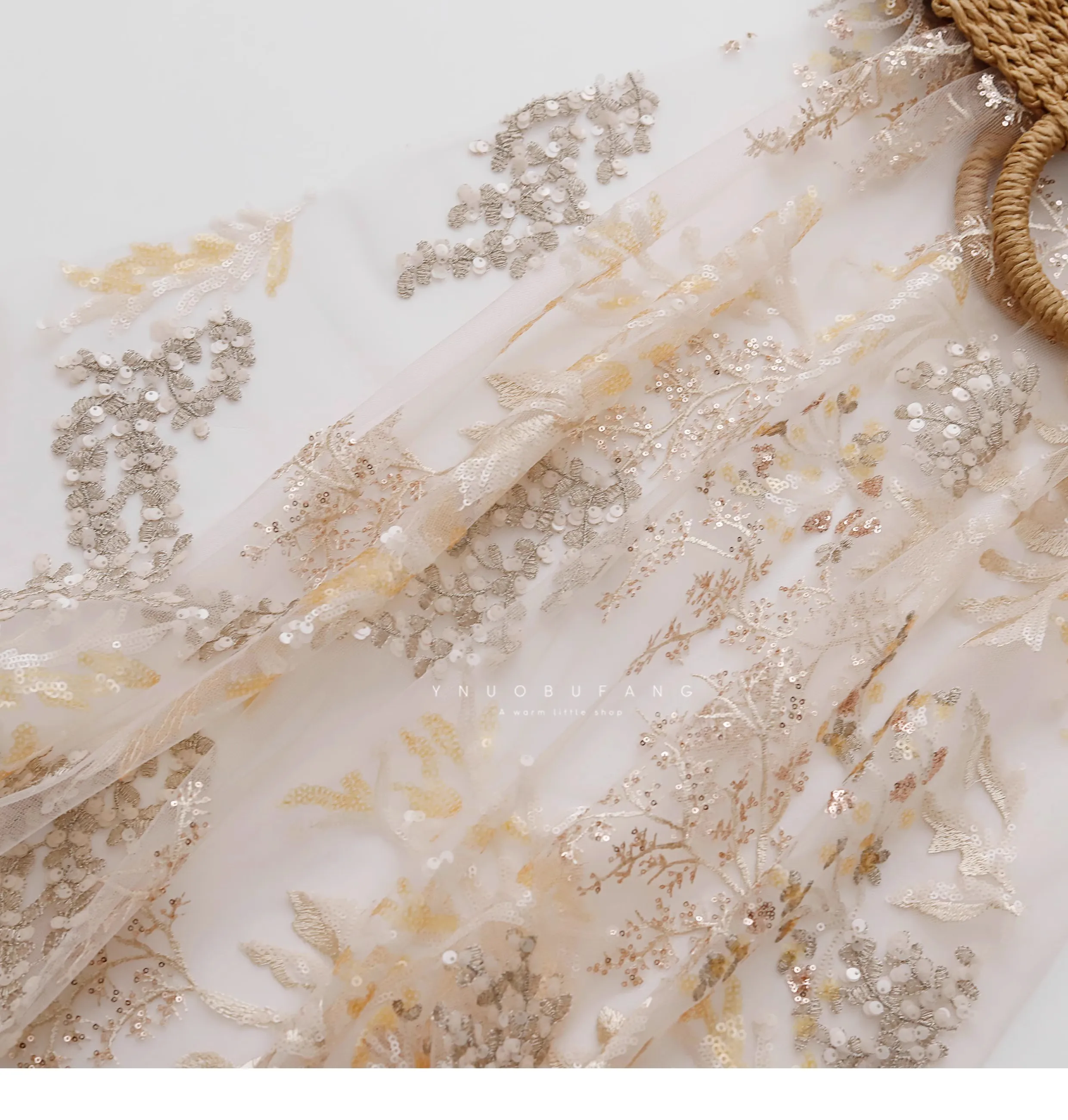 Apricot Embroidered Sequin Mesh Fabric for Wedding Gowns and Evening Dresses Designer Fabric By The Yard