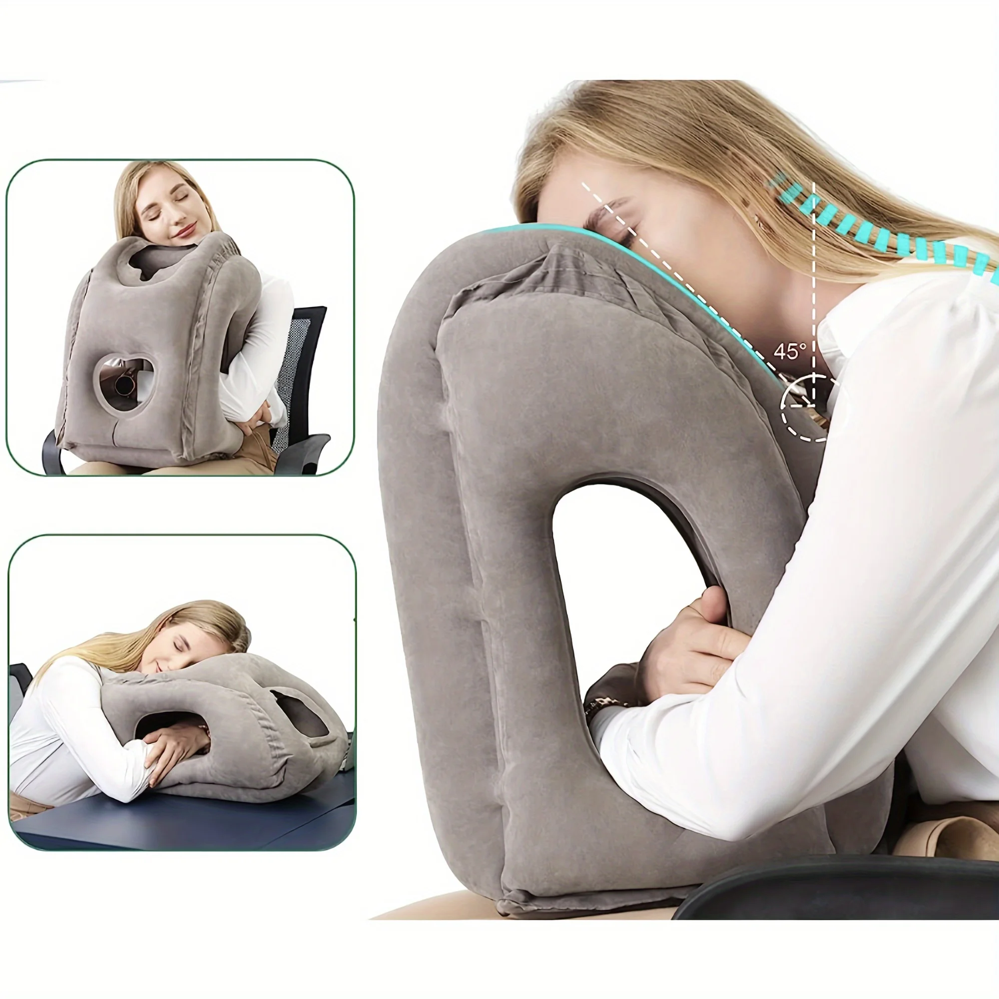

Ultra-Comfort Inflatable Travel Pillow for Neck Support | Ergonomic PVC Flocked Design for Airplanes, Trains, Office & Car