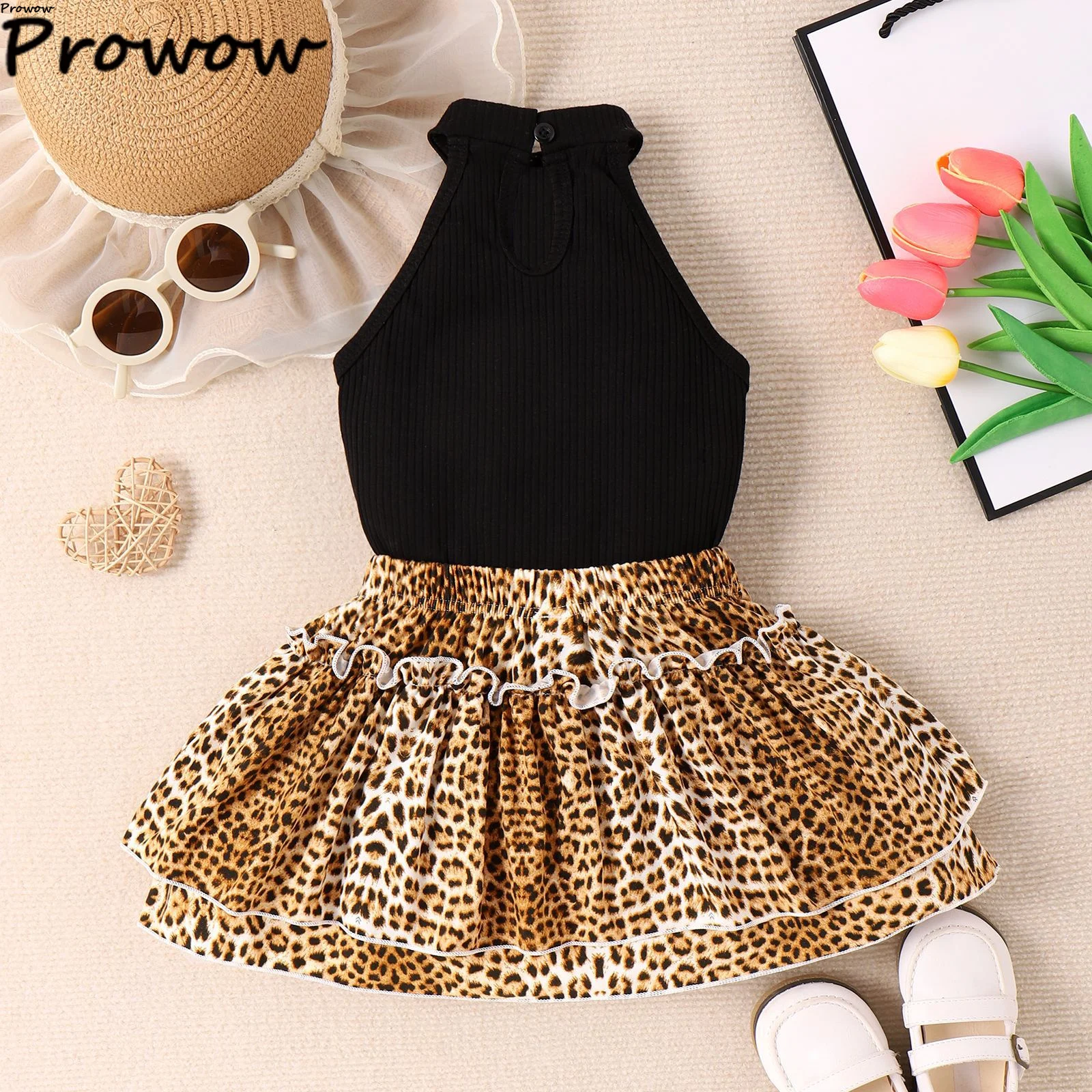 4-7Y Kids Clothes Girls Outfit Sets Halter Heart Tank Top and Leopard Cake Skirts Fashion 2pcs Summer Set For Girls Children