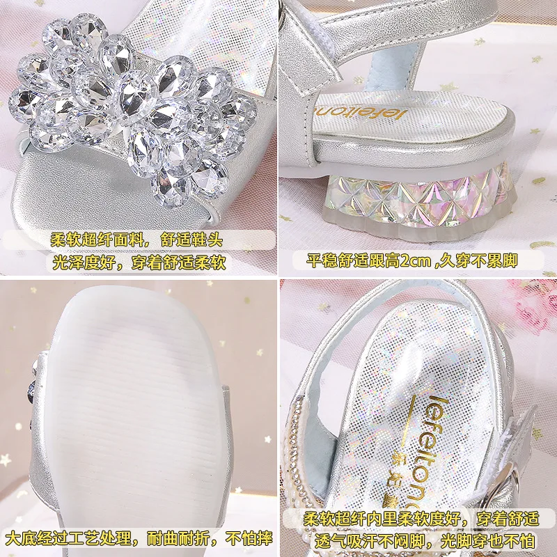 2025 Girls Princess Sandals Sequins Party Wedding Versatile Children's Low Heels Sandals Bowknot Peep Toe Summer Kids Shoes