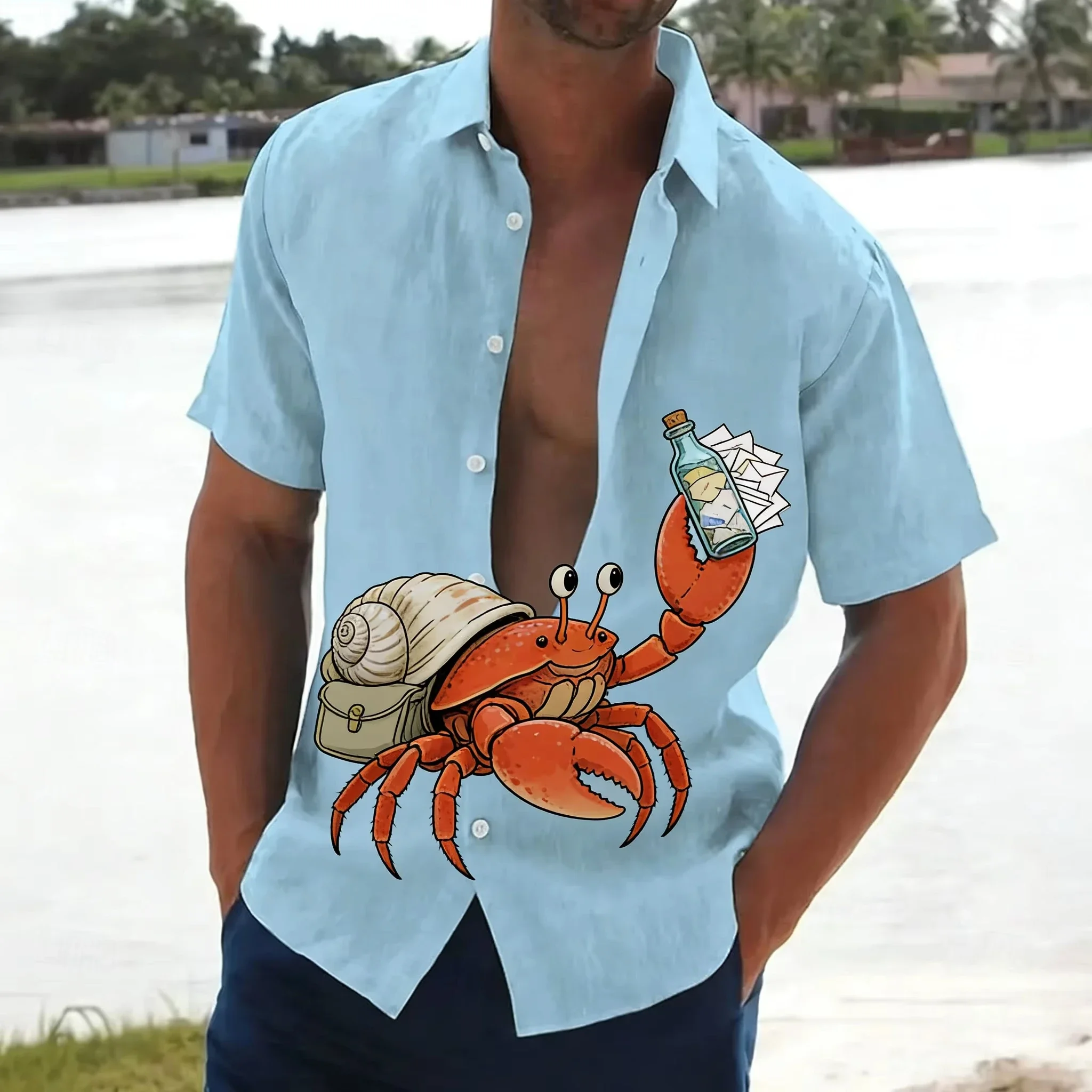 Japanese Style Fresh Light Blue Hawaiian Short Sleeved Shirt Men's Cartoon Hermit Crab Drifting Bottle Creative Printed Shirt