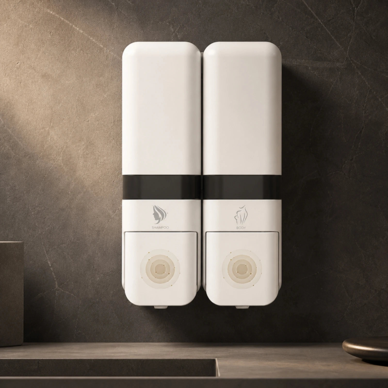 Wall-Mounted Dispenser with Two-Chamber Chambers Adhesive Shampoo and Body Wash Dispenser Easy to Install No Drill for Bathroom