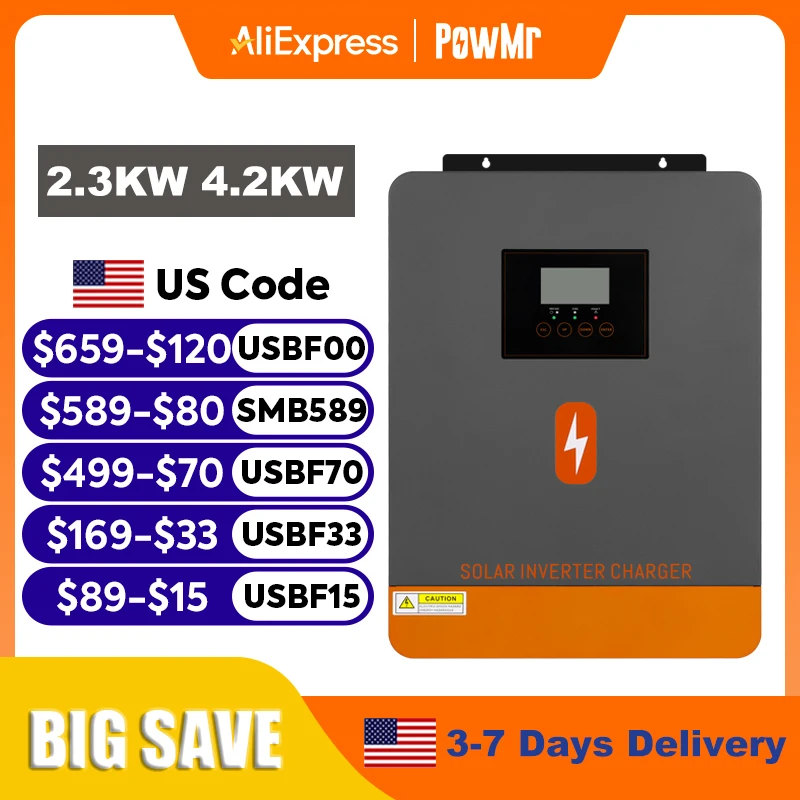 

PowMr 2.3KW 4.2KW Hybrid Solar Inverter 12V 24V 230V Off Grid Pure Sine Inverter Dual Output with MPPT 100A Solar Charger