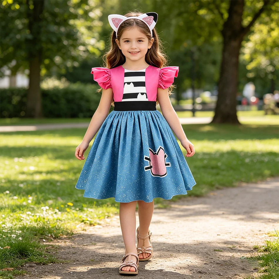 Kinder-Gabby-inspiriertes Prinzessinnenkleid mit Katzenohren-Stirnband, glitzerndes Katzenmuster-Partykleid, Mädchen-Geburtstagsfeier-Kostüm