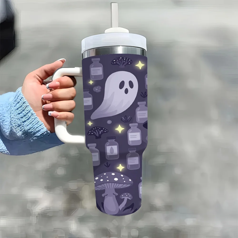 1ps Halloween and Christmas 40oz Cute Spooky Witch Potion Mushroom Print Insulated Tumbler with Handle and Straw Lid, Stainless Steel Water Bottle for Travel Home Office Car Daily Use, Portable Drinking Cup for Holiday Party Gifts