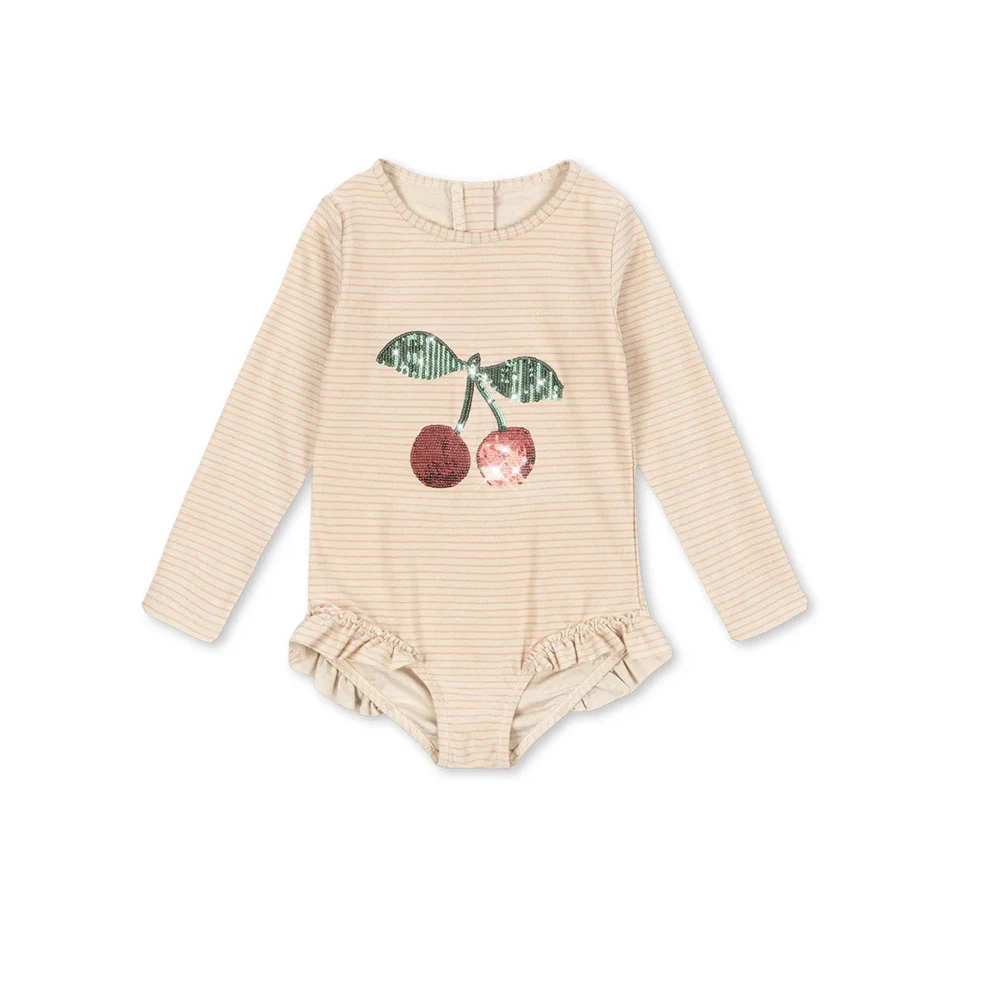 Summer Girls Swimwear KS Brand 2026 New Cute Cherry Striped Bikini Kids Outfit Set Beach Holiday Children Clothing