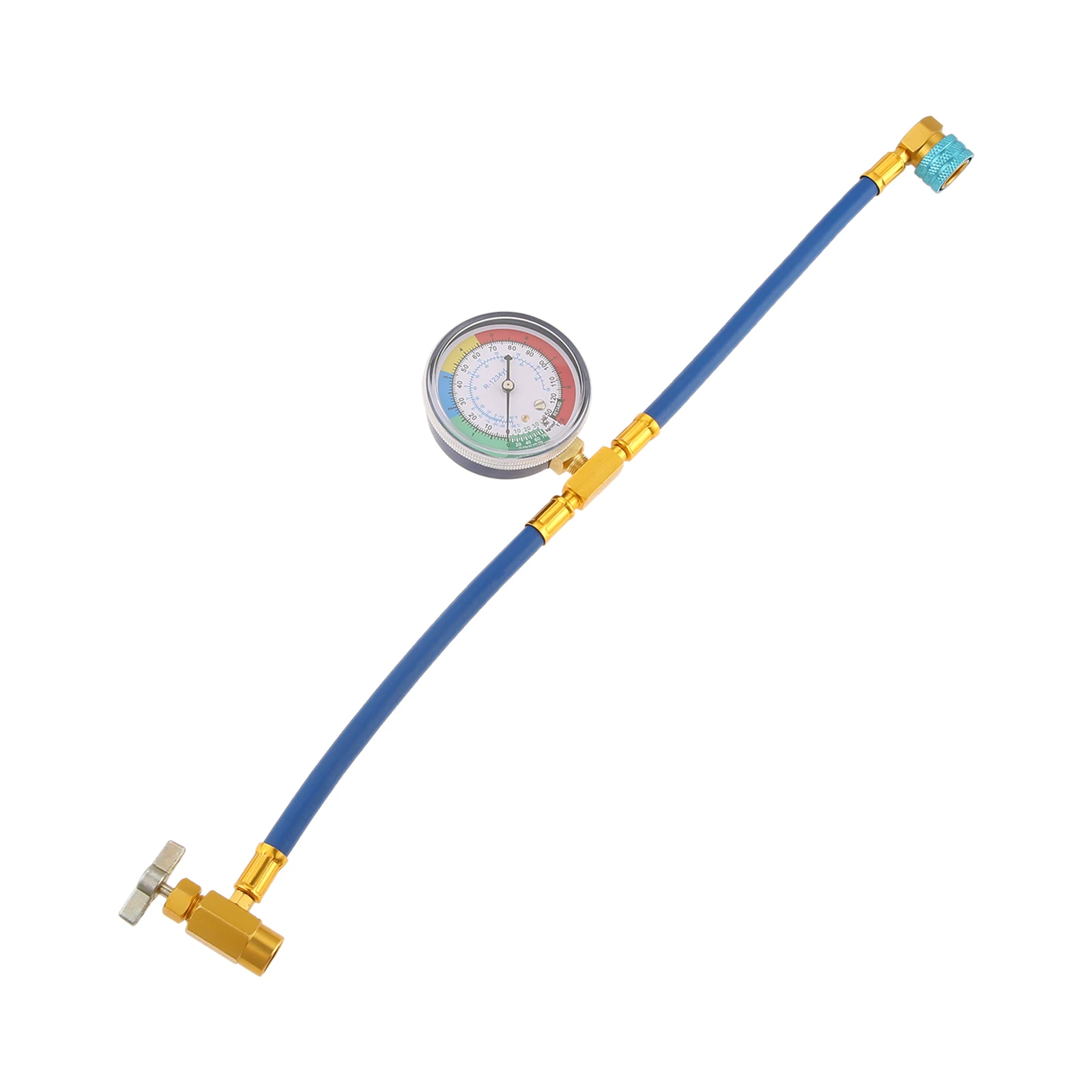 R1234yf Refrigerant AC Recharge Hose with Gauge, 1/2” LH R1234YF Self-sealing Can Tap Valve & Low Side Quick Coupler 14mm 250PSI