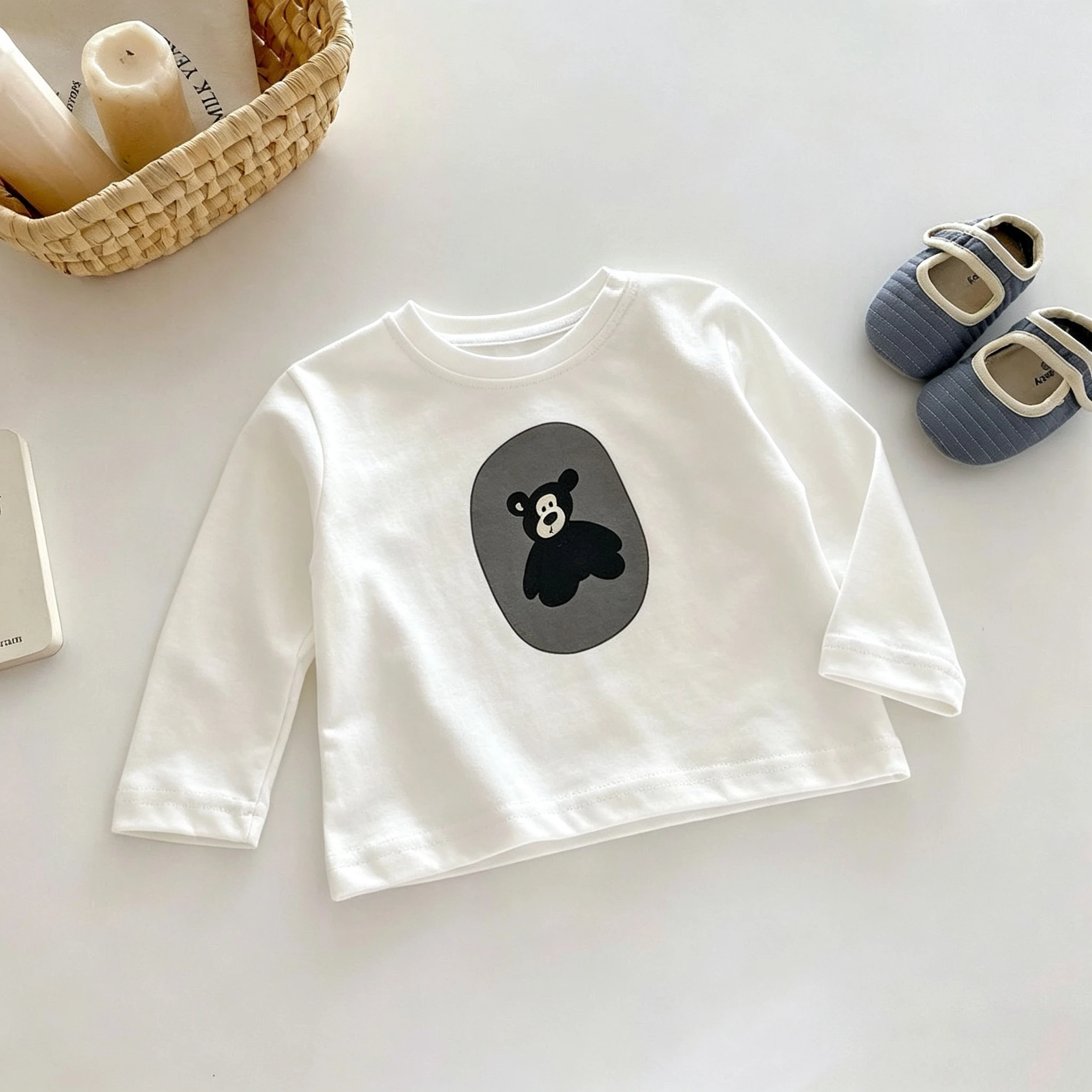 Solid Color Printed Cartoon Kids Long Sleeved T-shirt Simple Comfort Baby Girl Boy Crewneck Pullover Bottoming Shirt Tops 1-7y