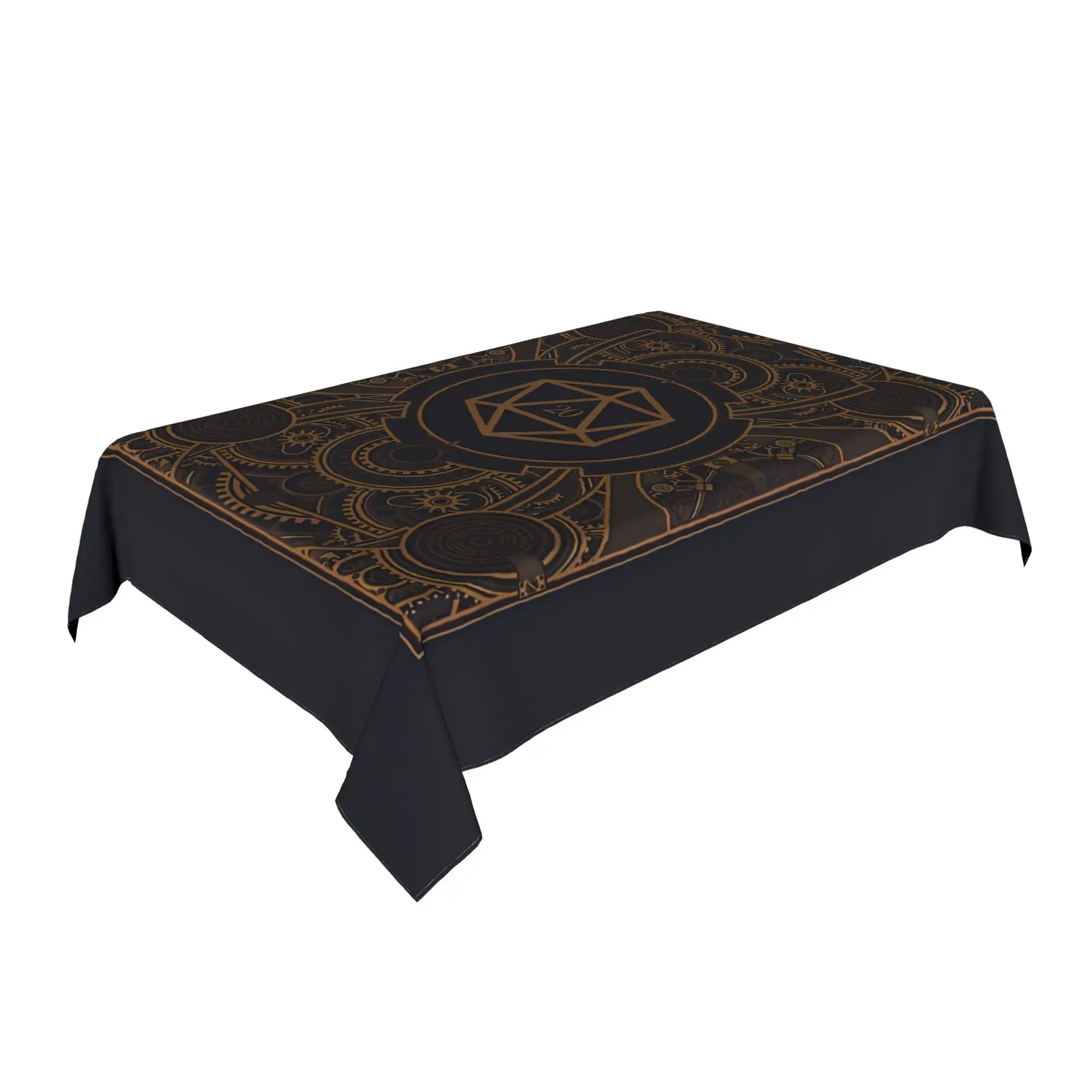 RPG Dice Mandala Tablecloth, Dark Background With Vintage Golden D20 Dice Pattern, Waterproof Table Cover for Party & Daily Use