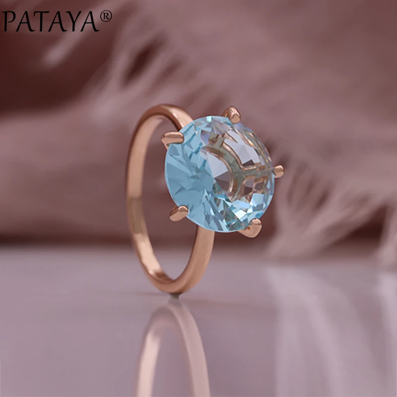 PATAYA New 585 Rose Gold Color Earrings Ring Sets For Women Blue Round Natural Zircon Bride Rings Wedding Fashion Jewelry Sets