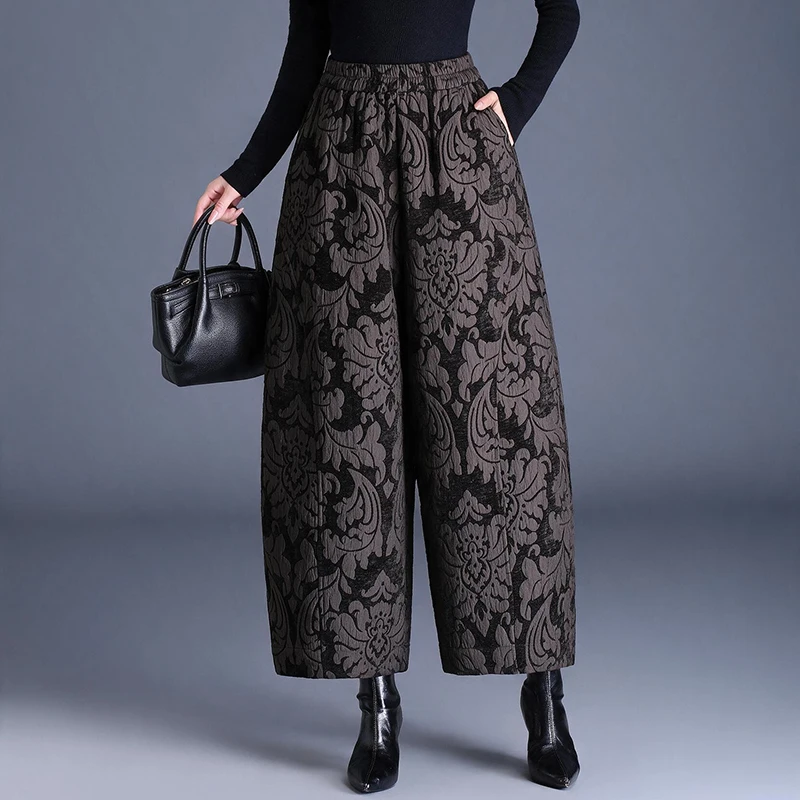 Autumn Winter New Style Large Size 3D Embossed Flower Bud Wide Leg Pants Women Casual Nine Points Pants Natural Waist Polyest...