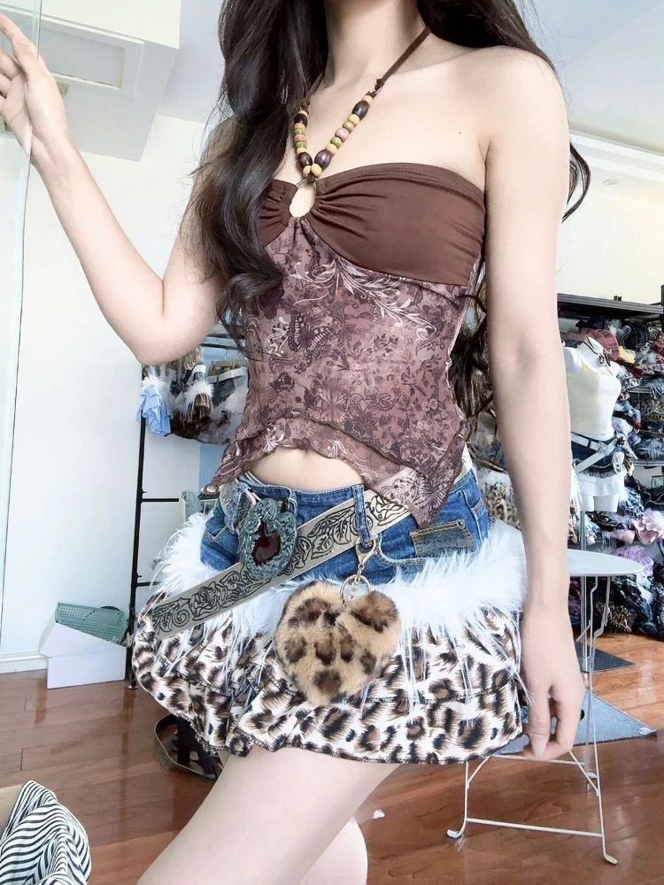 الجمالية Y2k سليم المرقعة ليوبارد طباعة التنانير النسائية الصيف ريترو كاوبوي 2000s مثير تنورة قصيرة الساخن فتاة شيك وتتسابق جديد #3