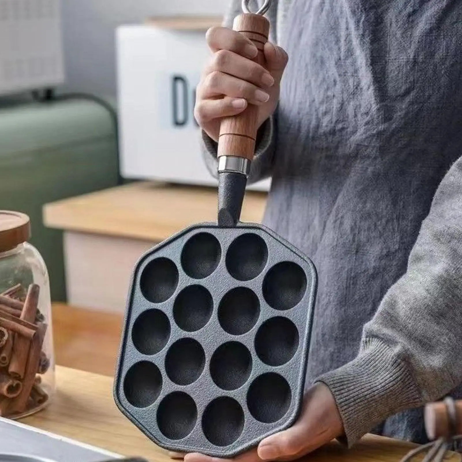 مقلاة شواء للطبخ الداخلي 14 فتحة كرات الأخطبوط اليابانية لوحة غير لاصقة من الحديد الزهر مقلاة شواء للموقد العلوي للخارجية #2