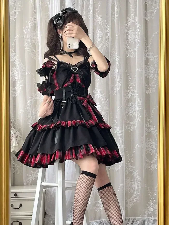 Idol clothes Lolita JSK Dress Red Plaid Pattern Sleeveless Ruffles Bows Lace Up Lolita Jumper Skirt  By Alice Girl