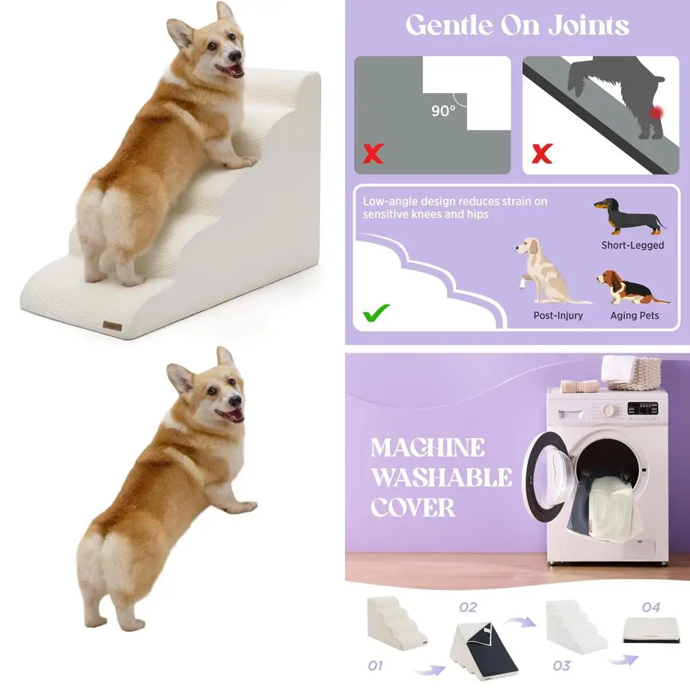 

Рампа для лестницы для домашних животных для маленьких собак с пеной CertiPUR-US, нескользящая, бежевая, 5 ступеней