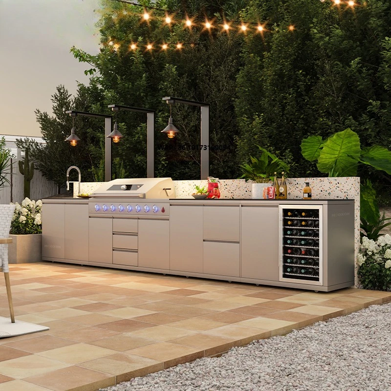 Outdoor-Küche mit Gas- und Holzkohle-Doppelbrenner-Grill und Sichtfenster aus Gehärtetem Glas