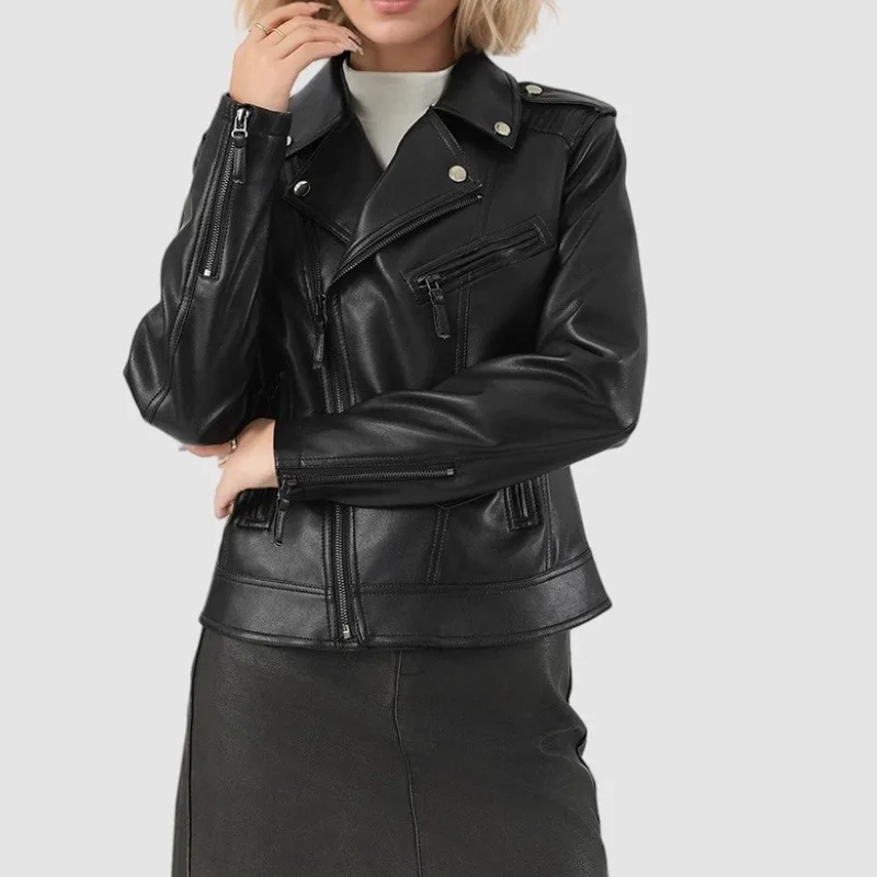 Giacca corta in pelle da donna di nuovo stile Vita che dimagrisce Giacca aderente in stile americano alla moda in giacca nera autunnale