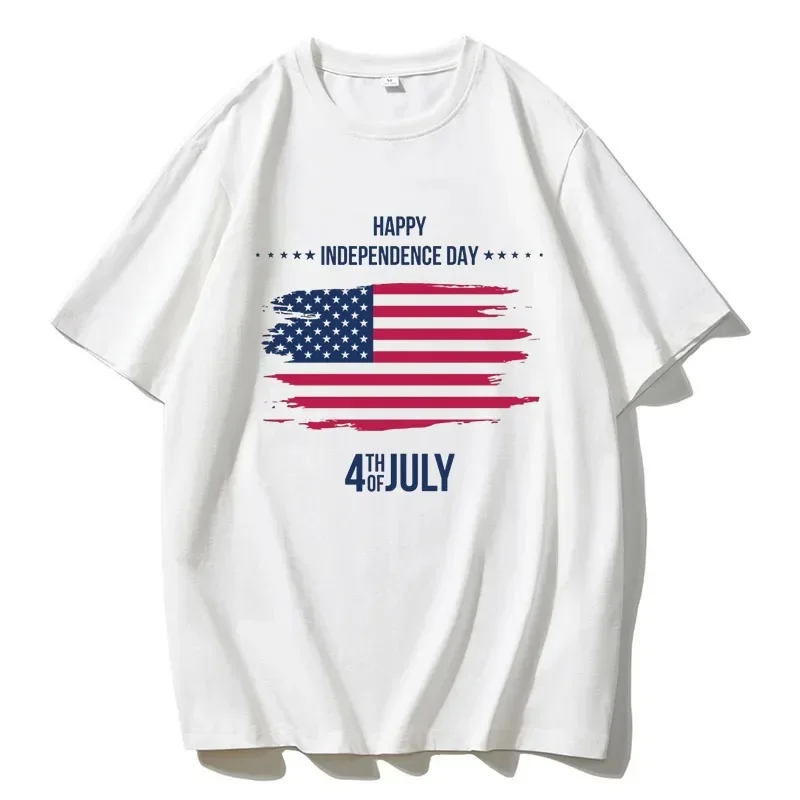 

USA Independence Day Harajuku Printed T-shirt Summer Breathable T-shirt White Simple Retro Street Women's T-shirt
