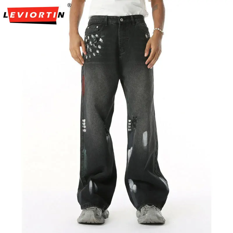 

2025 Men's American Fashion Versatile Heavy Industry Hand drawn Graffiti Floor Pulling Loose Straight Cowboy Pants Trendy