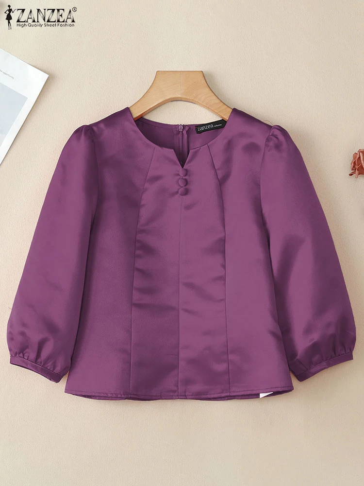 

ZANZEA Satin Solid Color Blouses V-Neck Woman 3/4 Puff Sleeve Elegant Short Tops Casual 2025 Fashion Zip-Back Blusas Mujer