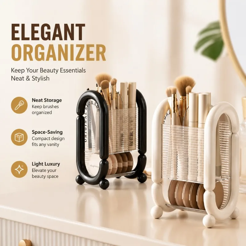 Makeup Brush Holder Round Square Cosmetic Organizer, ABS Desktop Pencil Brush Storage, Light Luxury Design for Vanity