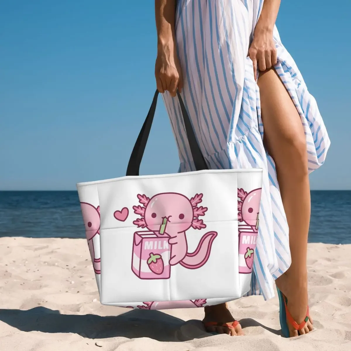 Cute Axolotl Loves Strawberry Milk Doodle Beach Tote Bag Sport Gym Yoga Duffle Large Tote Bag Women Travel Bag Fitness bag
