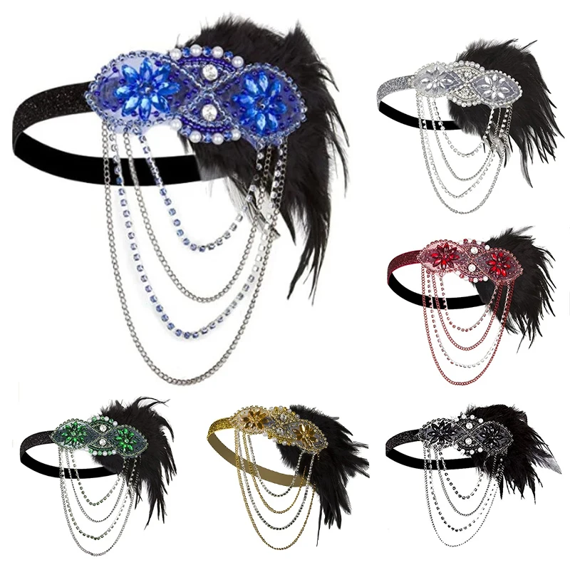 

1920s Party 20s Feather Chains Costume Props Charleston Accessories Royal Blue Flapper Headpiece Great Gatsby Beaded Headband