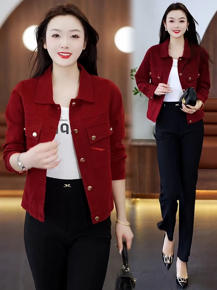 Ankela Red ort Denim Jaet vrouwen Lente Herfst Nieuwe Sle Afslanken Veelzijdige Koreaanse Versie Jaet Top voor Petite Vrouwen