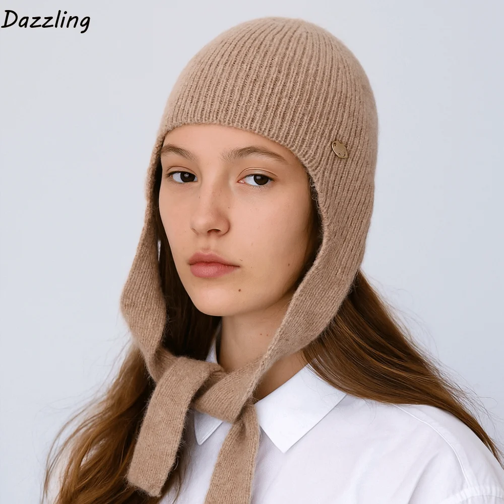 

Keep Warm Knitted Hat Ear Protection Solid Color Woolen Crochet Beanies Cap Neck Protector Polyester Girls Pullover Cap Outdoor