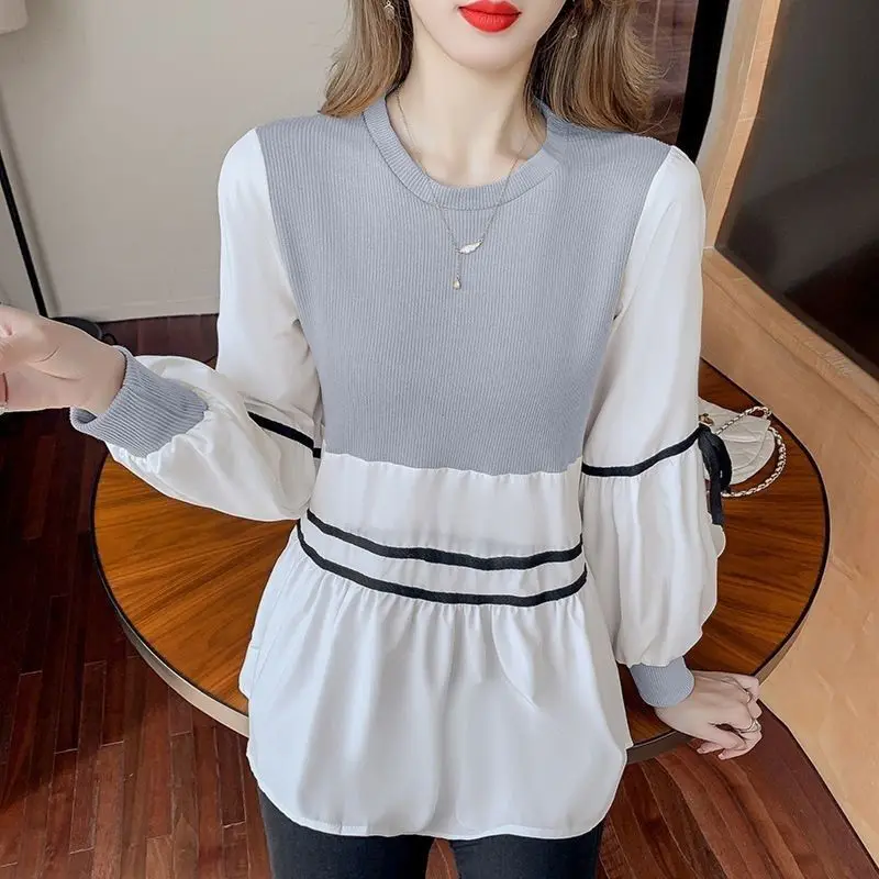 Striped Shirt Tops Lacing Loose Spring Autumn New Long Sleeve Contrast Patchwork Casual Blouse Fashion Vintage Women Clothing