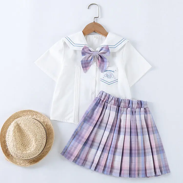 Kawaii Cinnamoroll School Uniform Set Sanrio Anime Summer Cute Girl Maid Outfit JK Uniform Suit Pleated Skirt with Safety Short