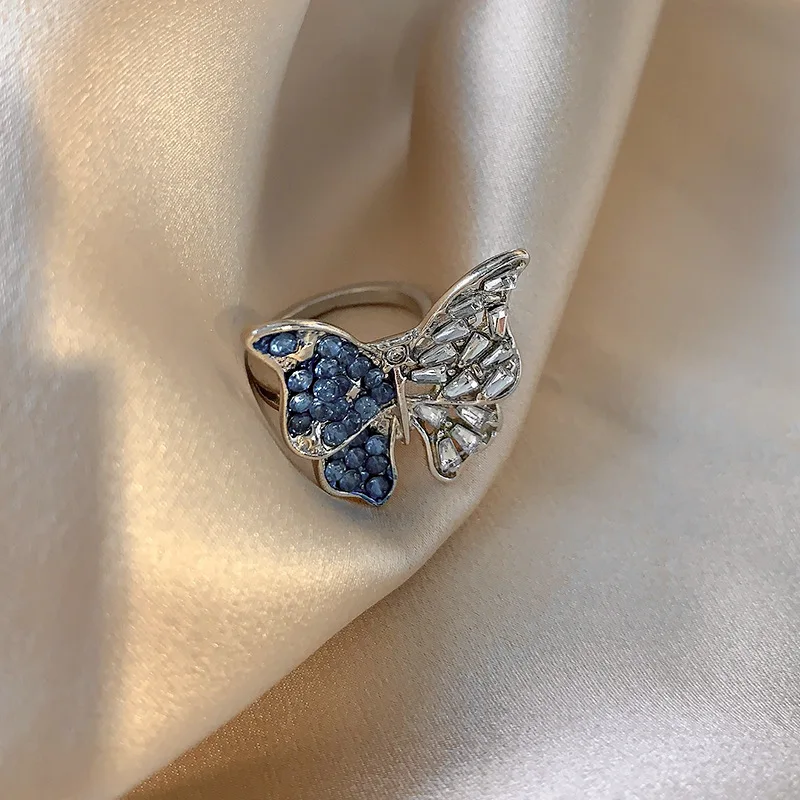Asymmetric Blue Starry Rhinestone Butterfly Ring Adjustable Open Silver Ring Sparkling Crystal 3D Butterfly Statement Finger Jewelry for Women Wedding Party Gift