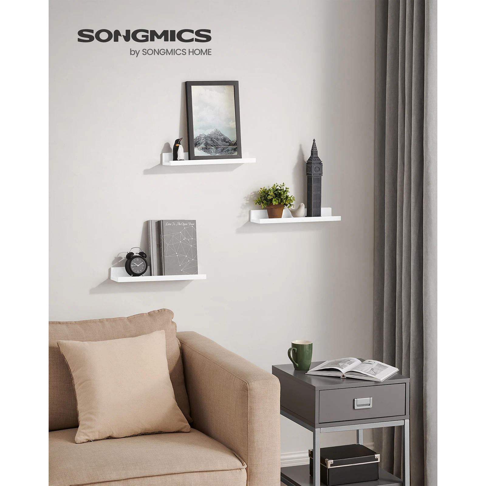 SONGMICS Set of 3 Wall Shelves: Floating Ledge, 38 x 10 cm, for Picture Frames, Books, MDF White.