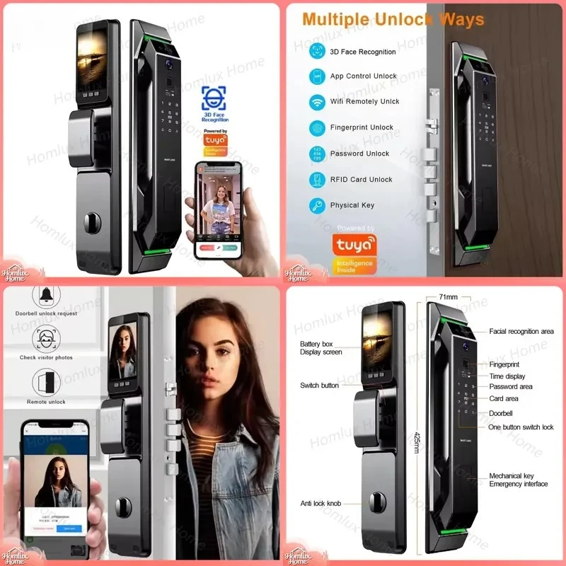 Smart WiFi Door Lock with Facial Recognition Fingerprint Cloud Control for Aluminum Wooden Doors Remote Home Security Smart