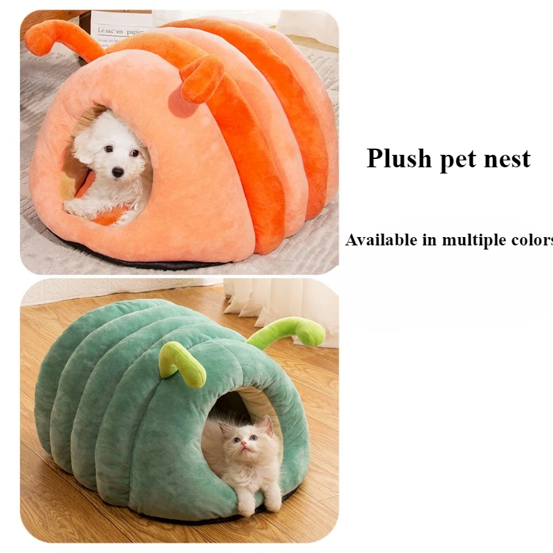 Cute Pet Nest Warm Soft Plush Cat Bed Cartoon Caterpillar Warm Thick Dog House Cat House Foldable Washable Pet Supplies Cat Tent